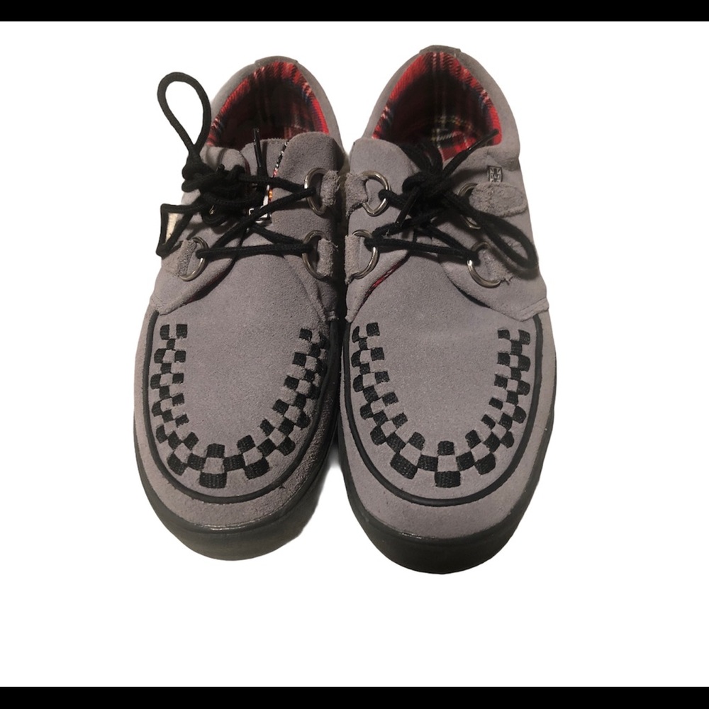 T.U.K. Shoes, gray and black, red plaid insole